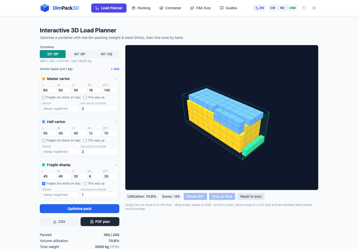 The DimPack3D planner: carton inputs on the left, packed 3D container on the right